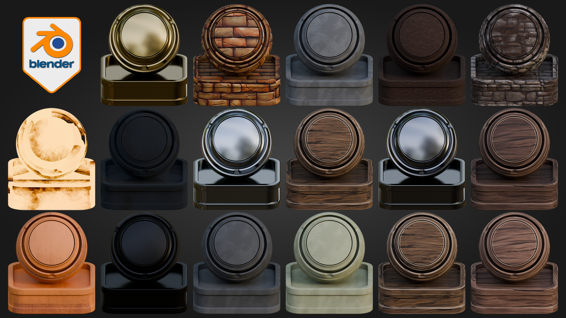 Contact sheet showing 17 stylized Blender materials for the Stylized Medieval Inn Shader Pack.