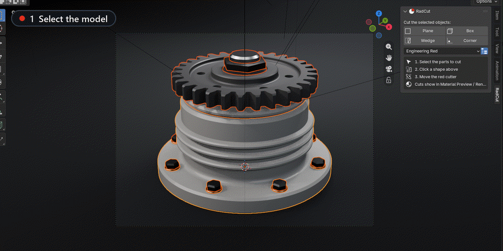 The real Blender UI: the part selected, a click on Corner in the RadCut tab, then the cutter moved