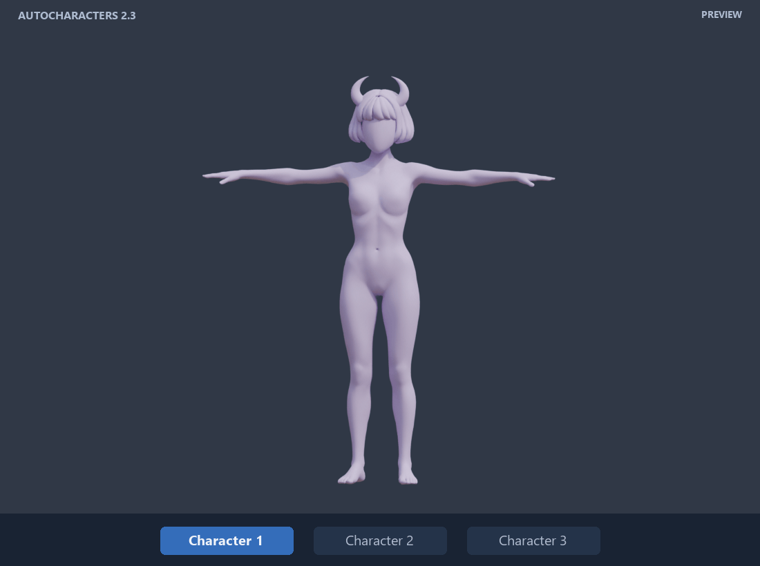 Three included AutoCharacters Preview presets: Character 1, Character 2 and Character 3