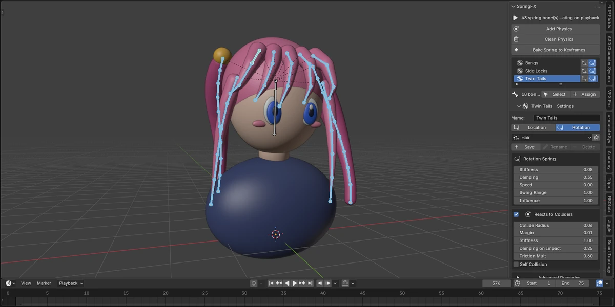 SpringFX anime hair in the Blender viewport