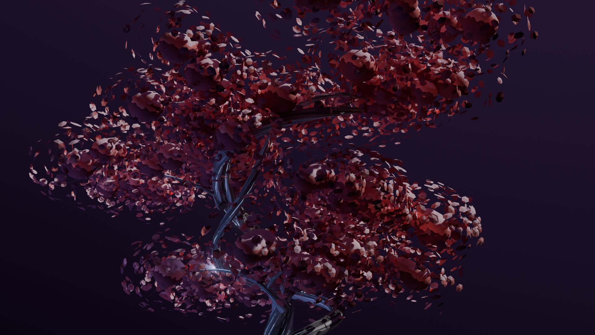 Close view of the foliage clusters and branches.
