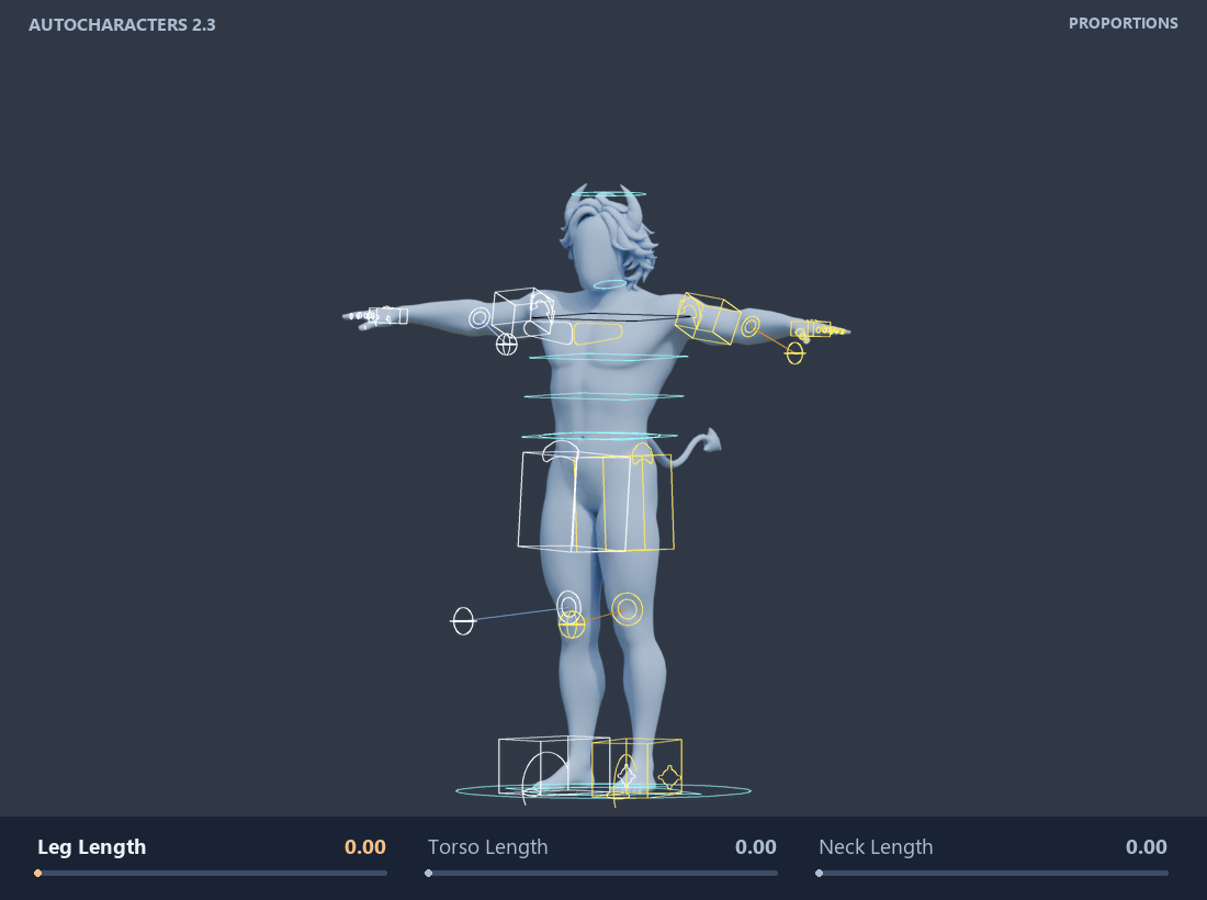 Leg Length, Torso Length and Neck Length changing with the included rig controls and attached modular parts