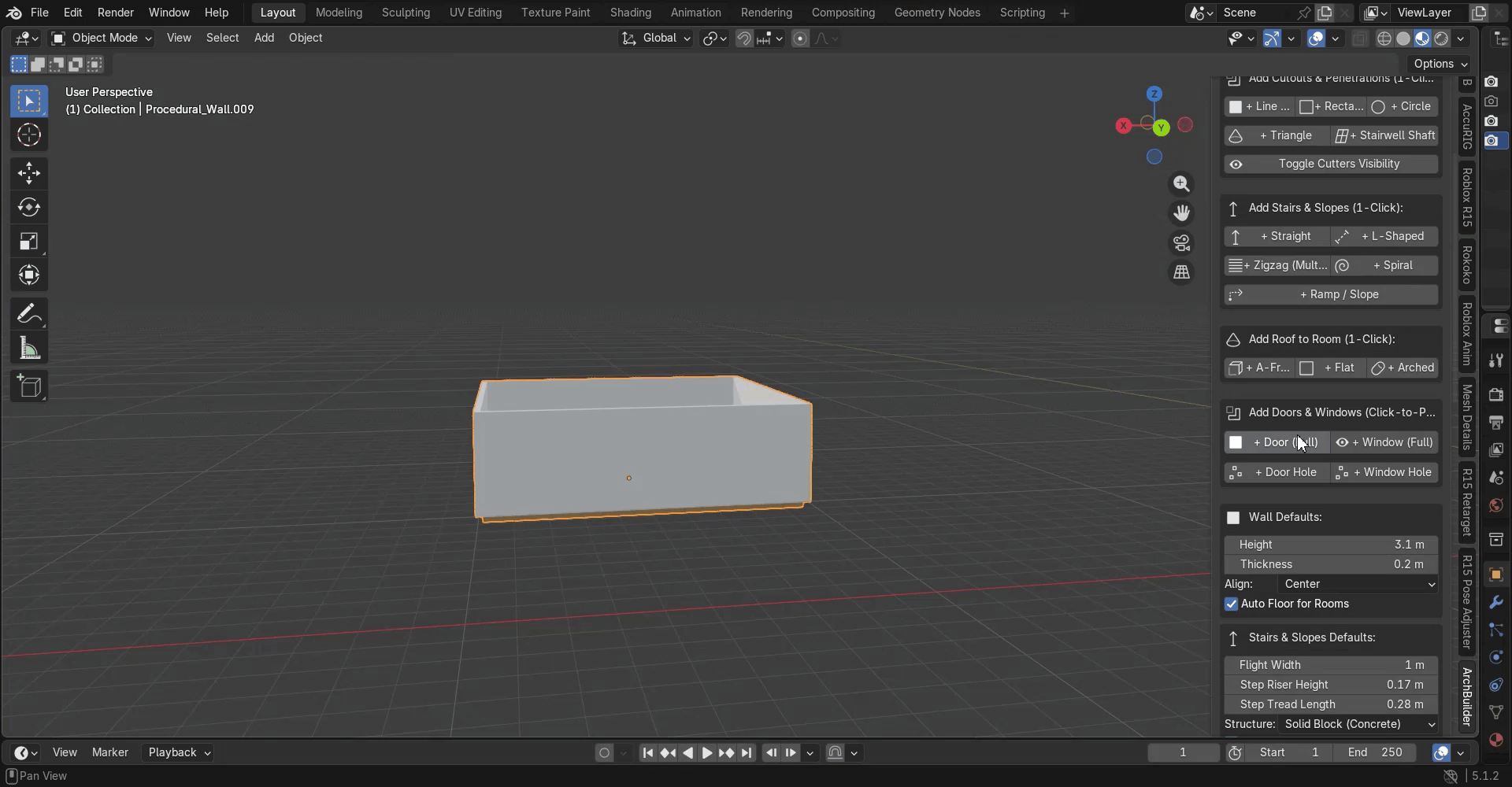ArchBuilder placing a door and windows on a wall and adjusting them in the panel