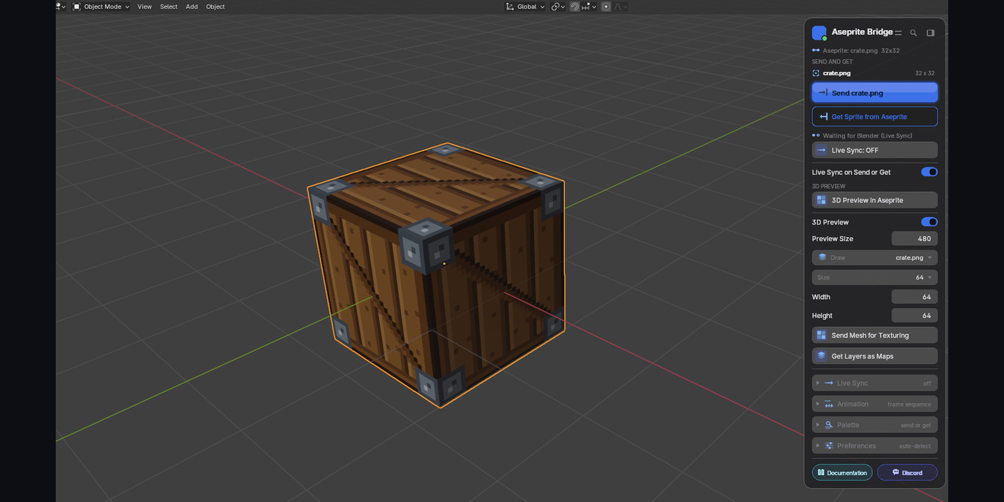 Aseprite Bridge card and a textured crate in Blender