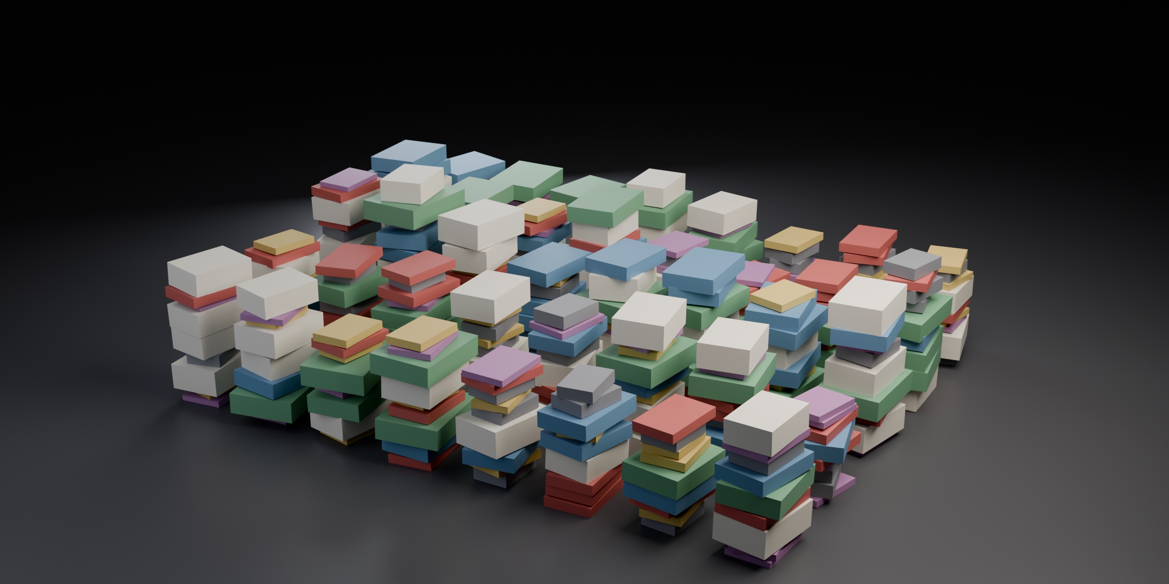 A grid of twelve randomised book stacks built from one modifier