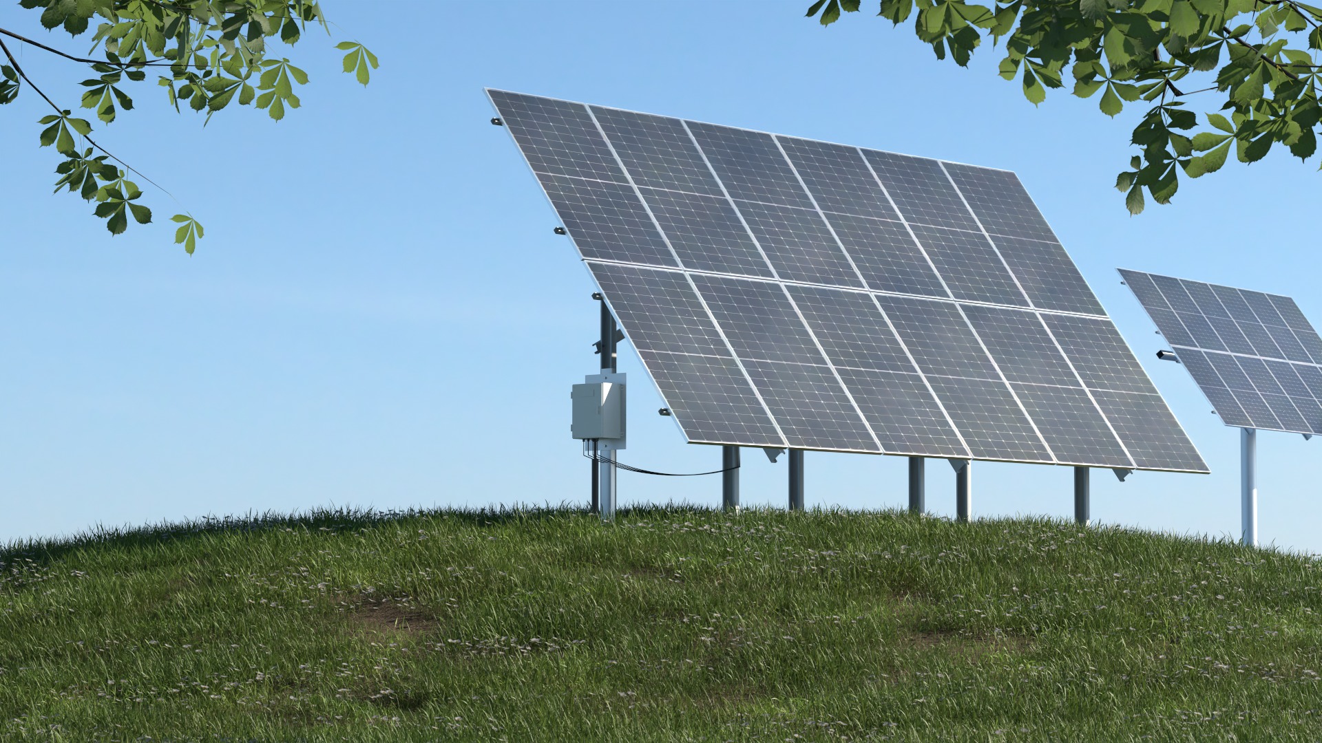 A ground mounted solar table with its combiner box