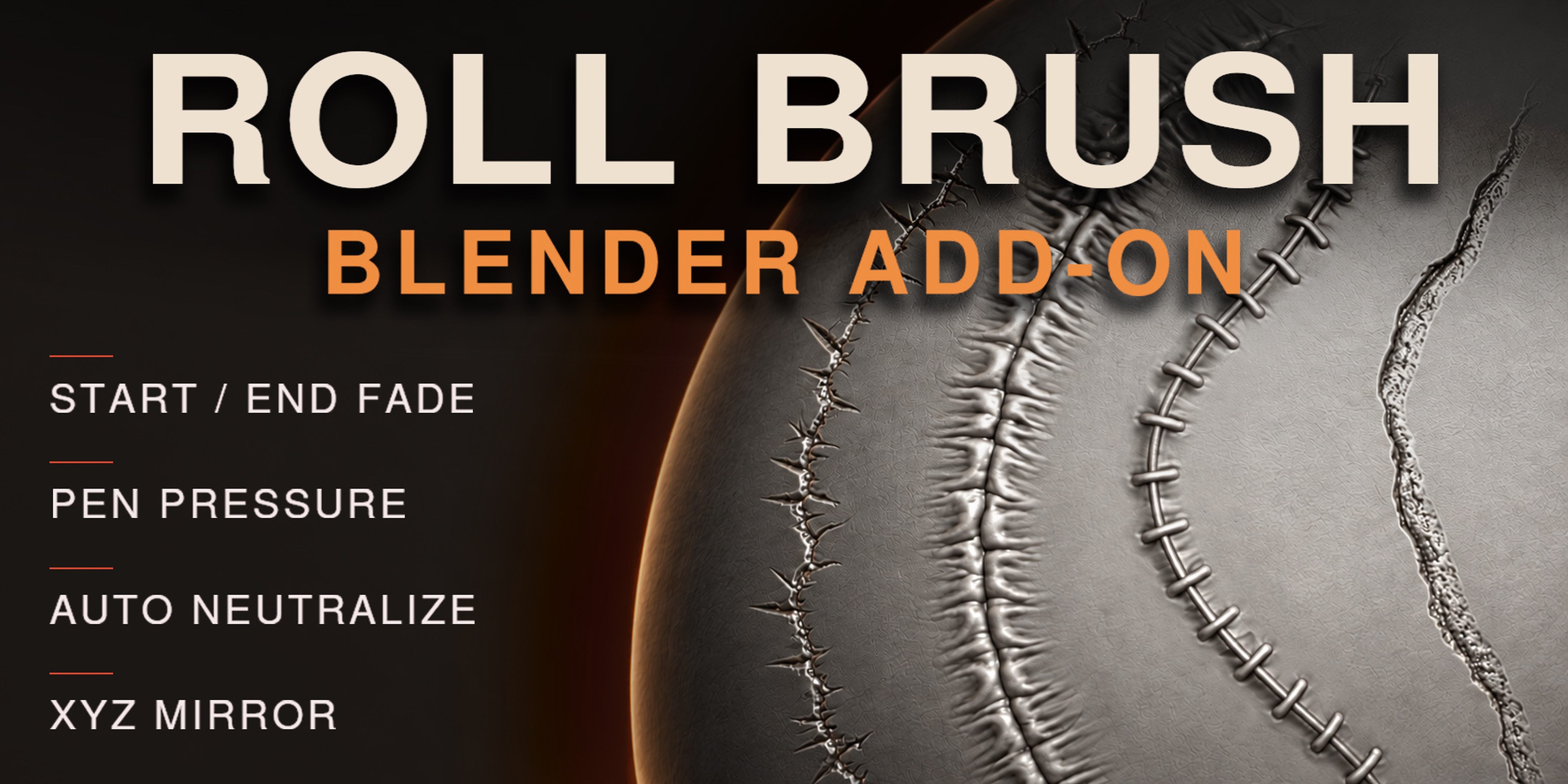 Roll Brush Blender sculpting add-on for cracks, scars and stitches, with stroke fade, pen pressure and XYZ mirror