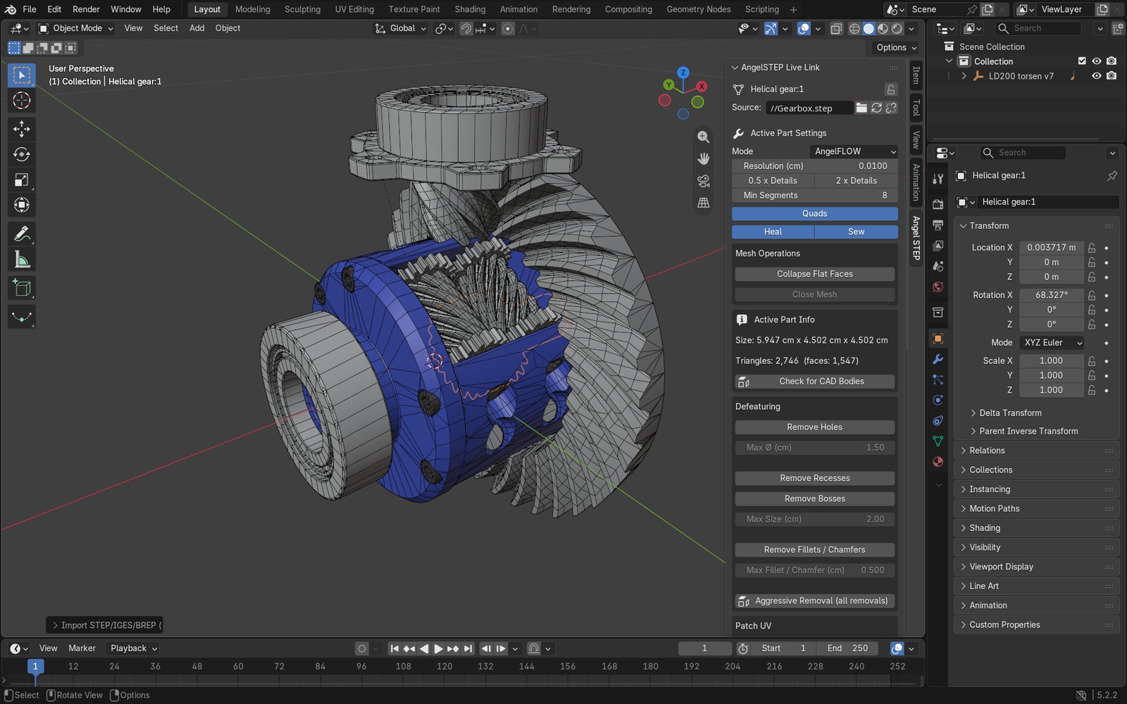 Blender with an imported gearbox and the AngelSTEP Live Link panel in the sidebar