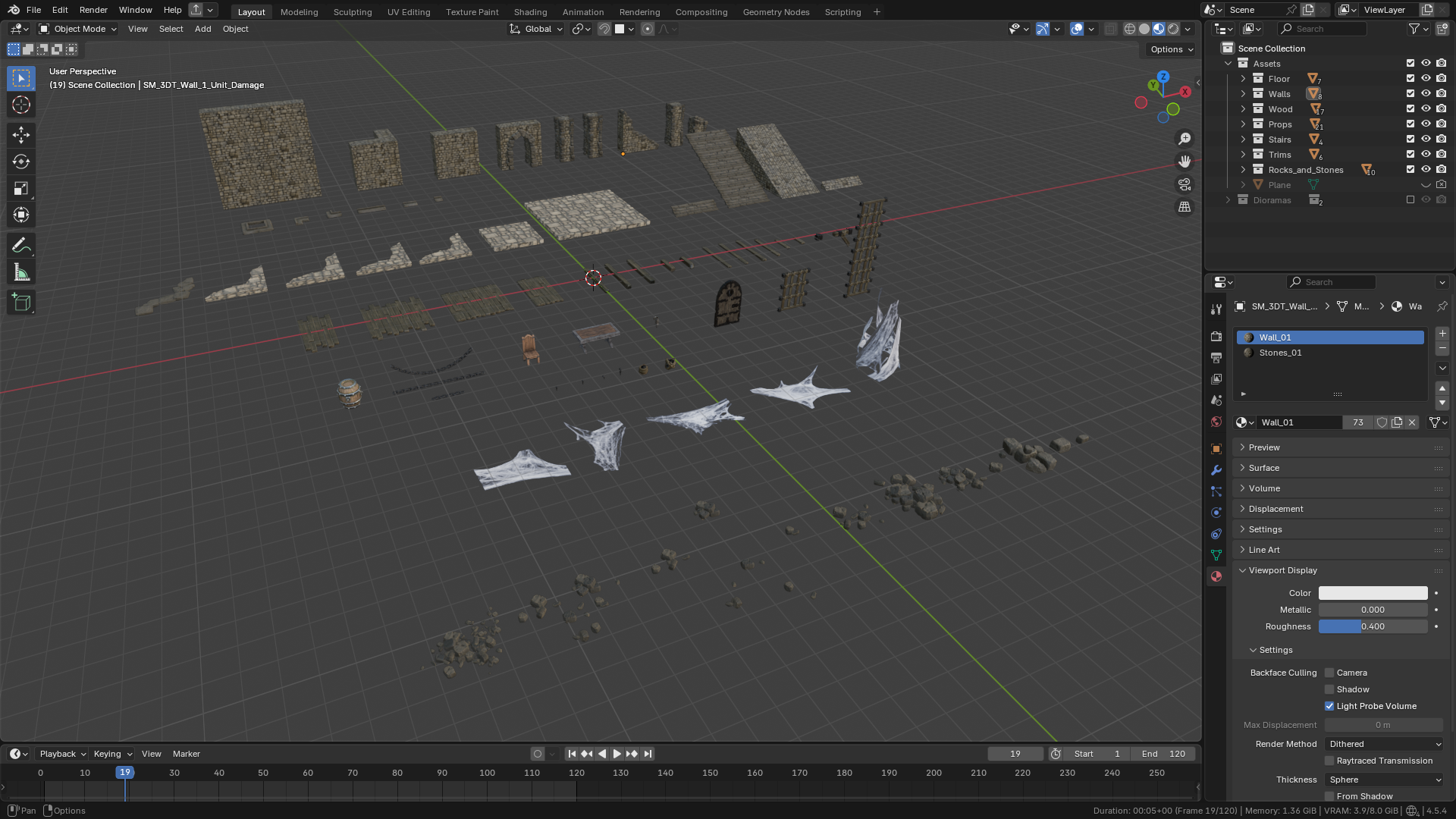 3DT Dungeon Kitbash Pack asset overview in Blender