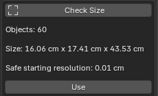 Import dialog: Check Size result with object count, size and safe starting resolution