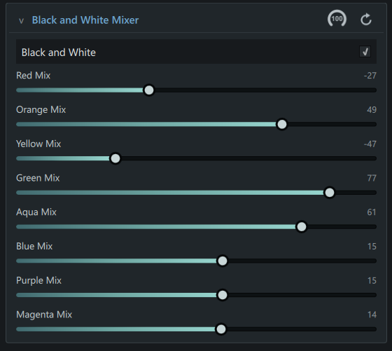 Black and White Mixer controls