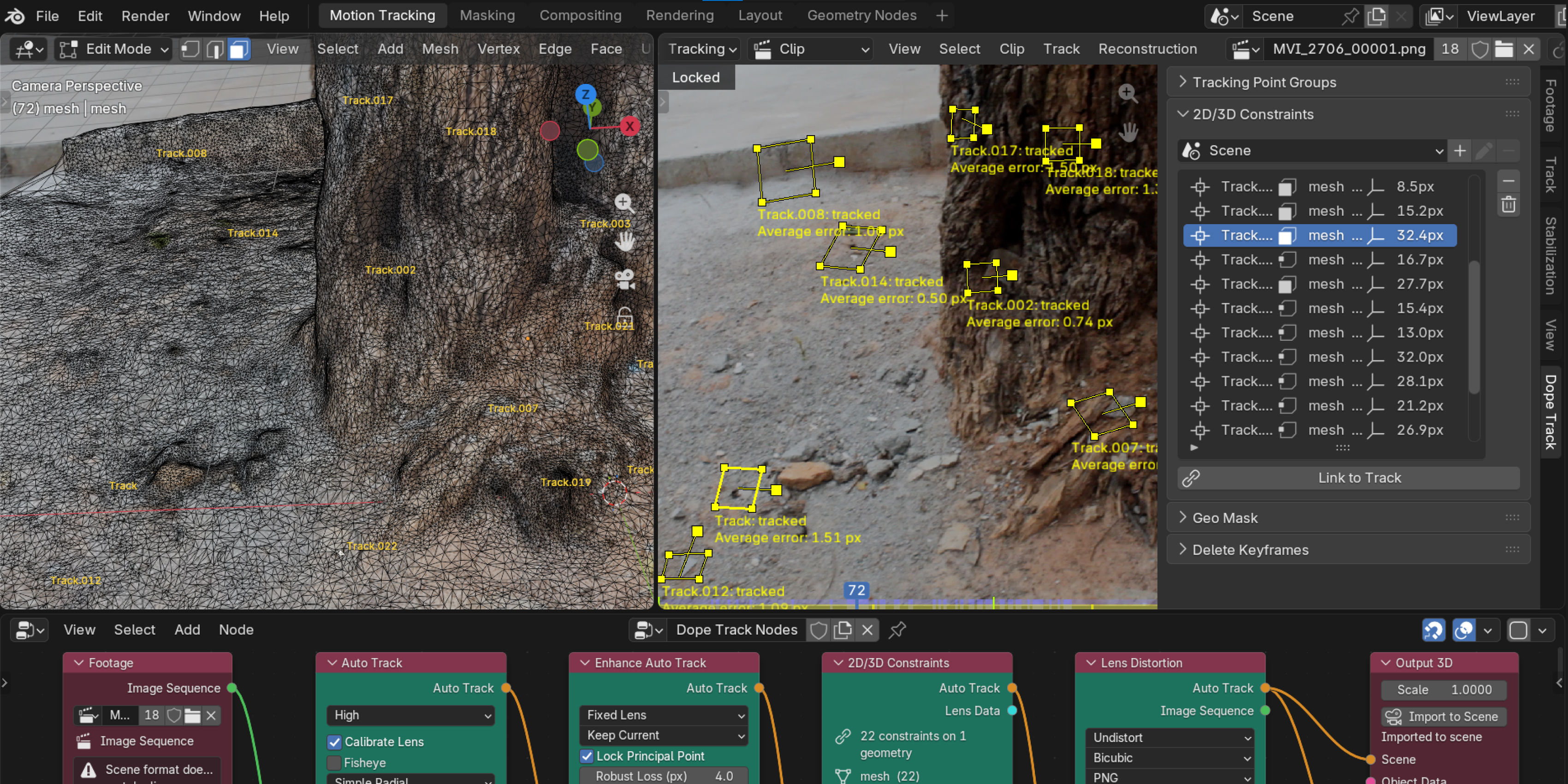 Dope Track 2D and 3D constraints linking footage tracks to mesh geometry