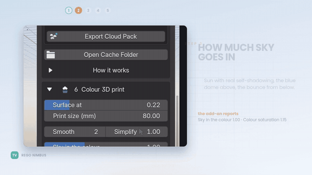 Make Printable Cloud: a closed mesh with the sky light baked into its vertex colours, ready for a full colour printer