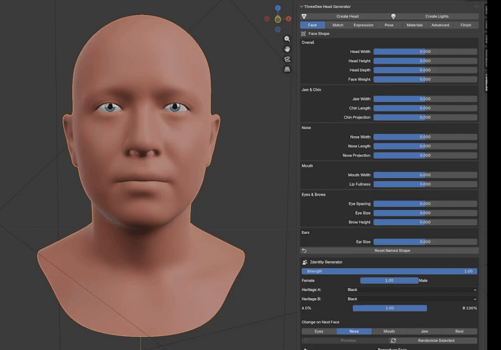 Artist-friendly controls for shaping a generated human head in Blender
