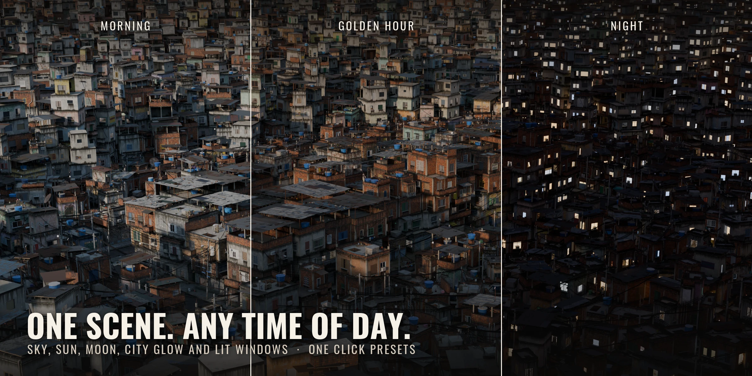 Morning, golden hour and night