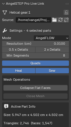 Panel top: source file and settings for four selected parts