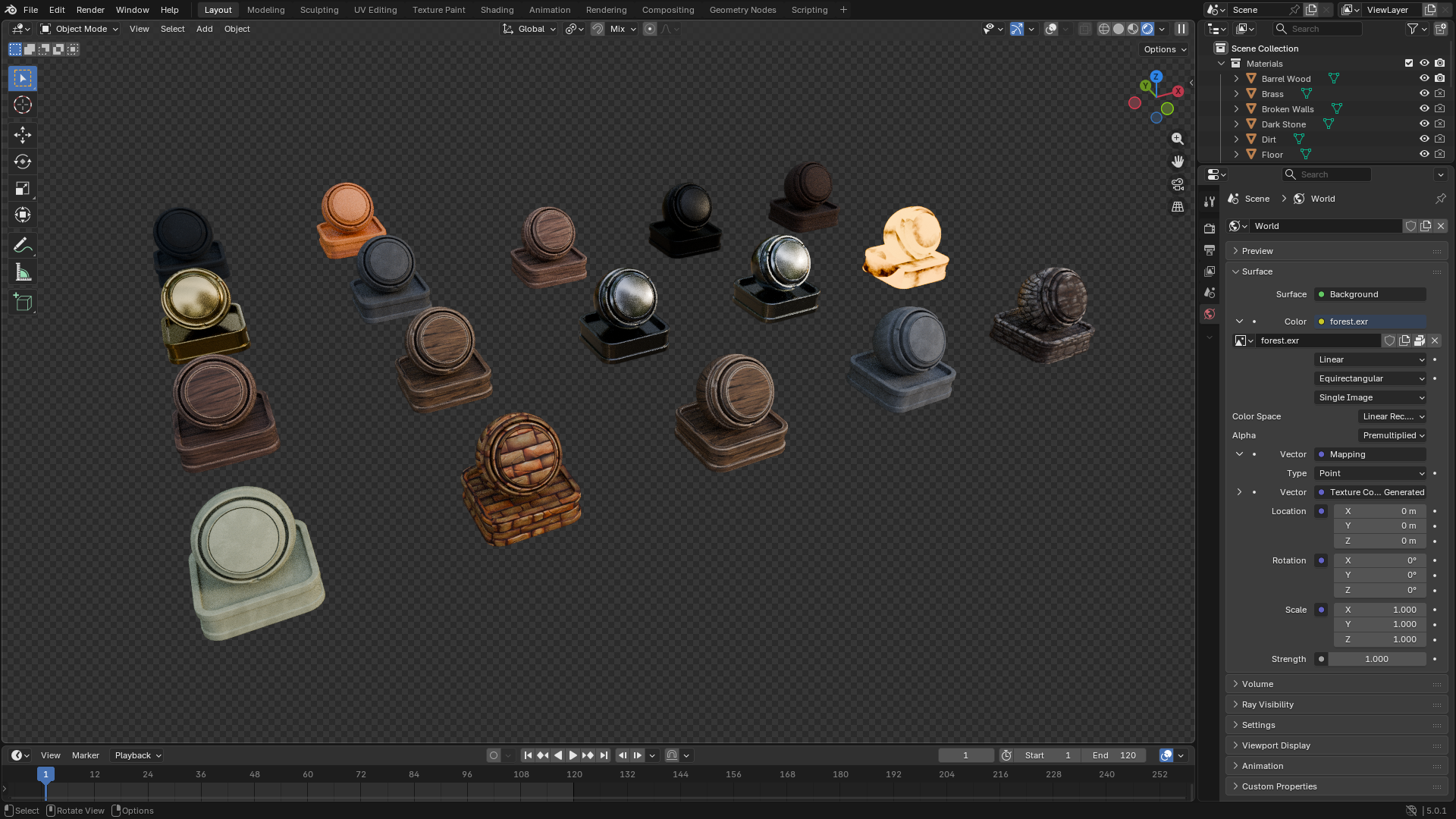 Blender viewport showing preview objects for the Stylized Medieval Inn Shader Pack with 17 materials.