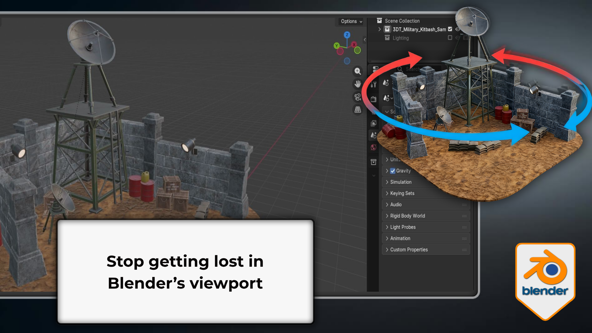 Blender viewport navigation course by 3D Tudor showing orbit pan zoom fly walk and numpad views