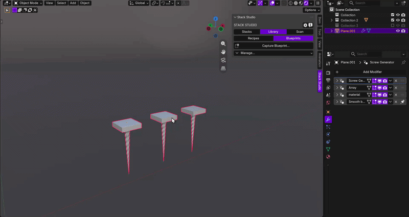 Stack Studio saving a modifier Blueprint and applying it inside another Blender file.