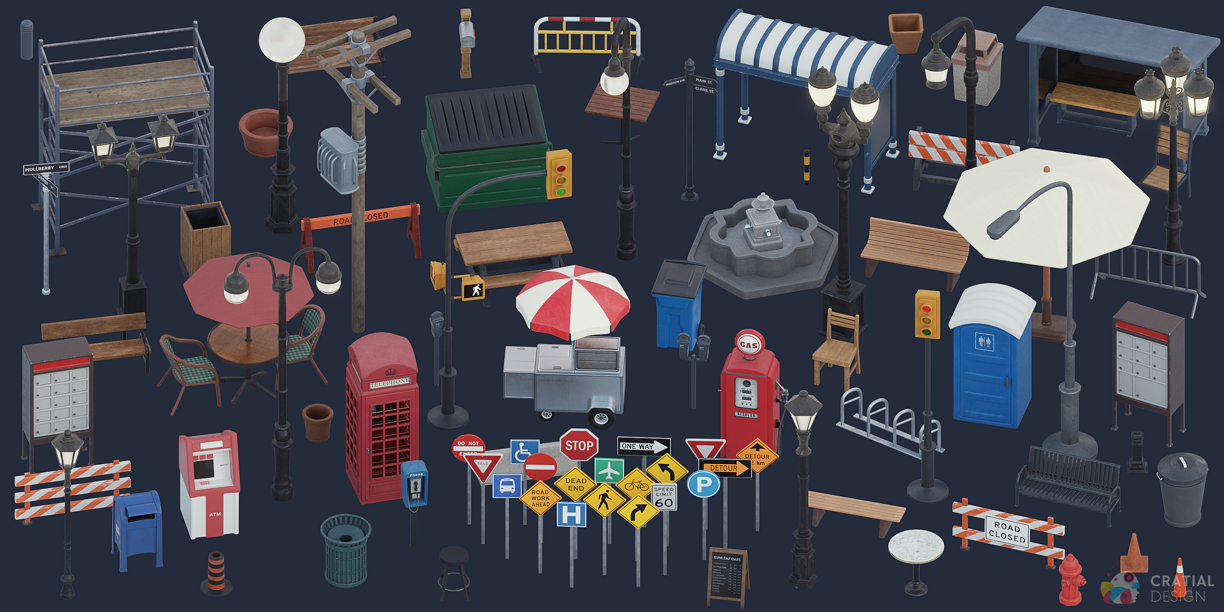 Complete Stylized City Accessories collection with road signs, streetlights, patio furniture, roadwork props, benches, bins, and city fixtures