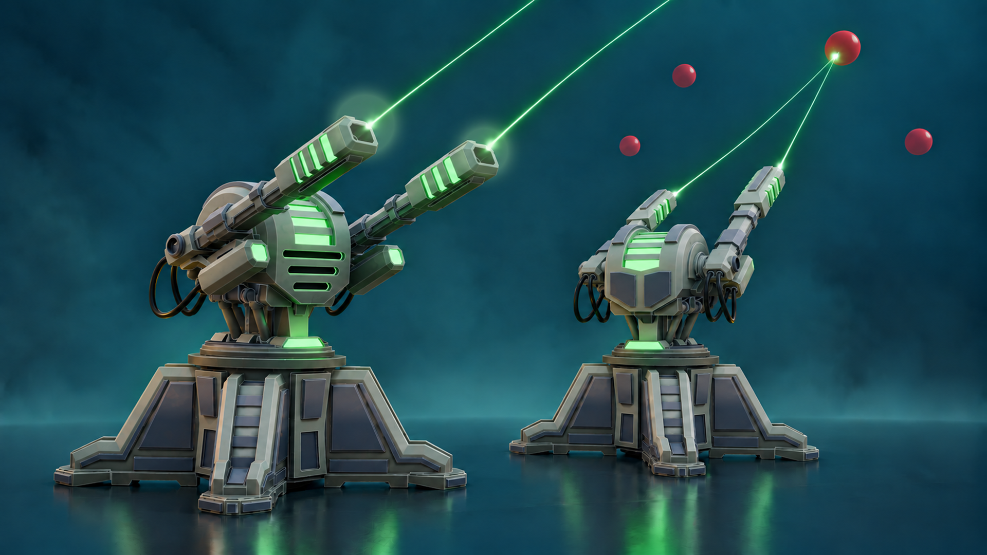 Stylized turret presentation with twin weapons and target-range scene