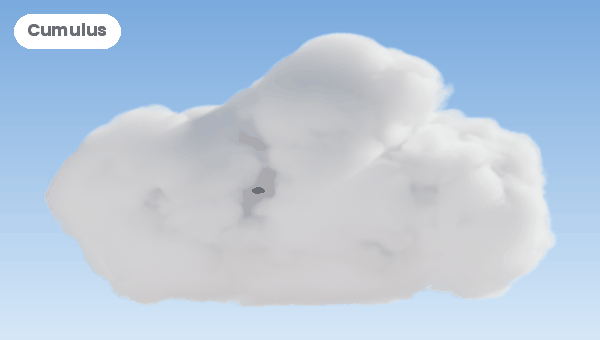 The cloud types one after another: cumulus, towering cumulus, anvil, stratocumulus, altocumulus, stratus, cirrus and stylized puffy
