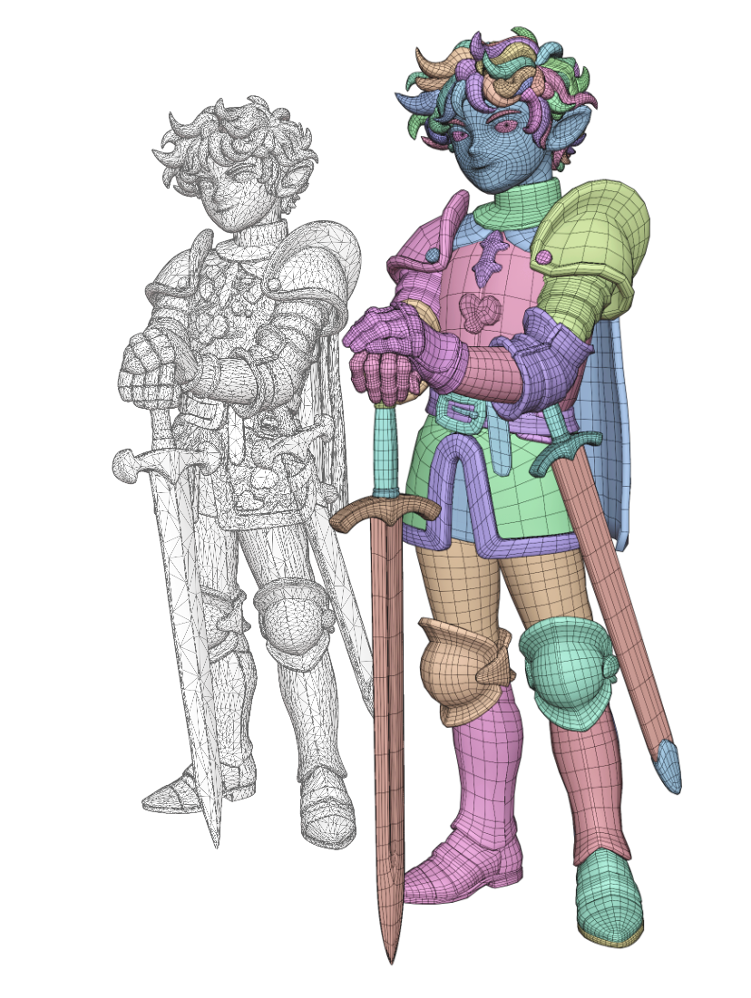 Full knight before and after retopology, with the original dense mesh on the left and the completed topology on the right.