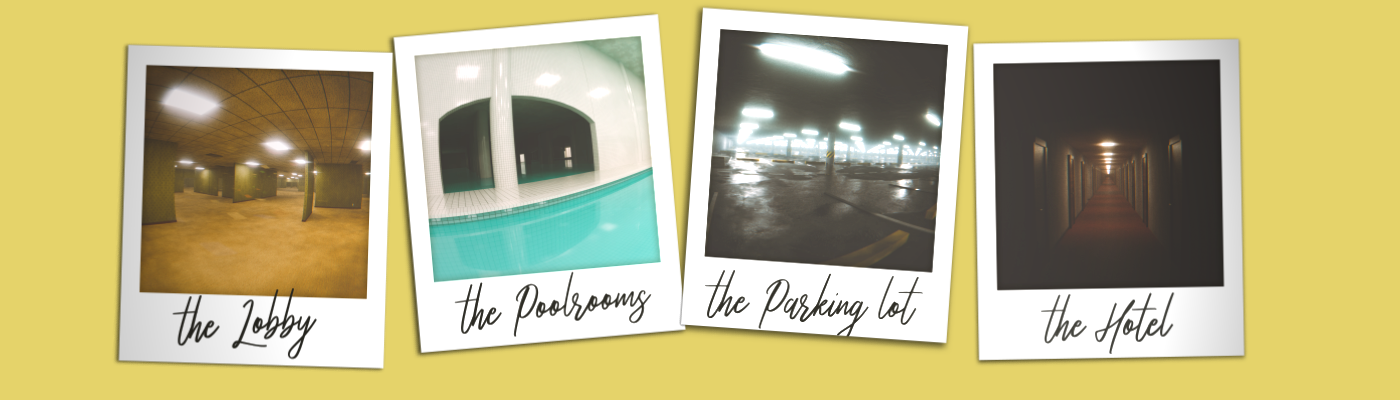Four Backrooms styles generated in Blender - the Lobby, the Poolrooms, the Parking lot and the Hotel