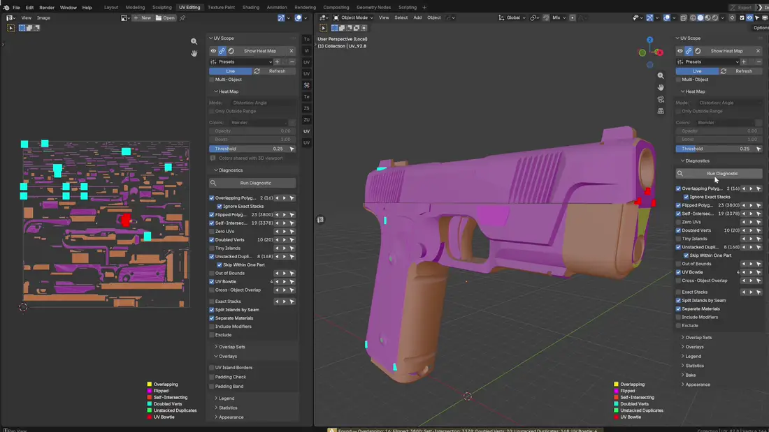 UV Scope diagnostic results in the 3D Viewport and UV Editor