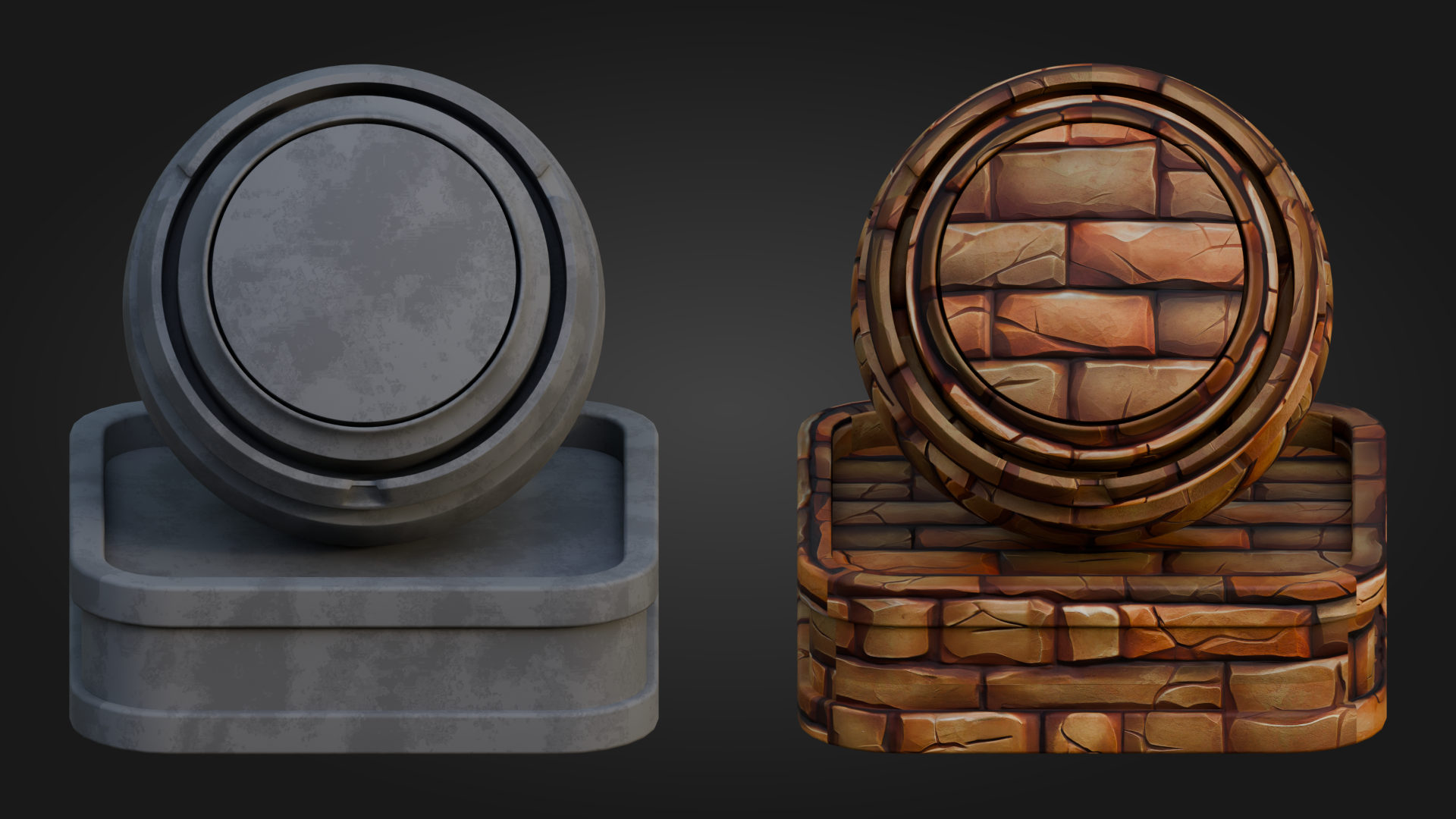 Stone and broken wall material comparison for the Stylized Medieval Inn Shader Pack.
