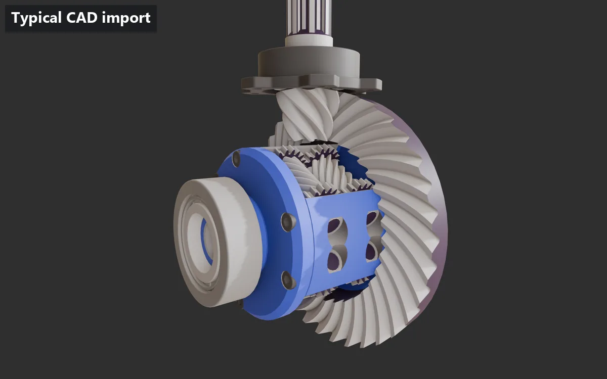 Five CAD models, each first as plain colours, then with the metal, gloss, glass and paint finishes from their CAD files