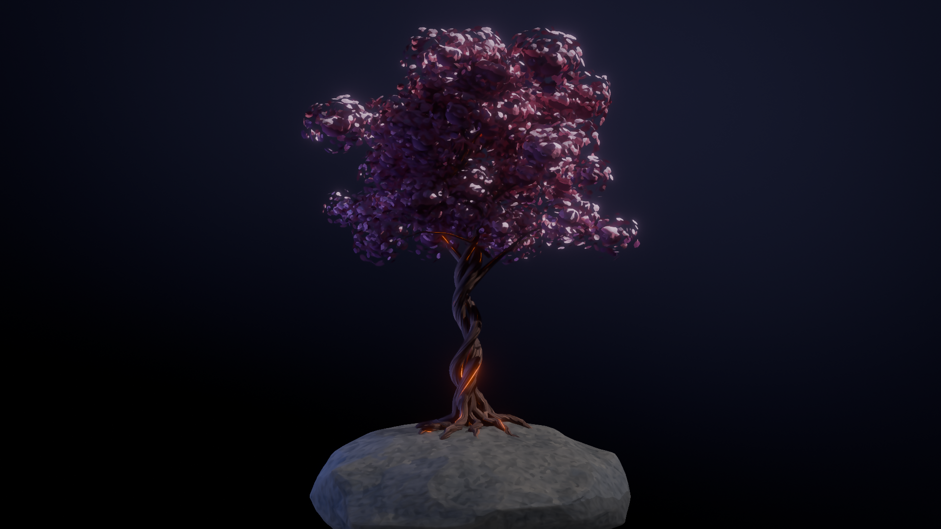 Pink-purple anime tree with a twisted trunk and warm glowing accents