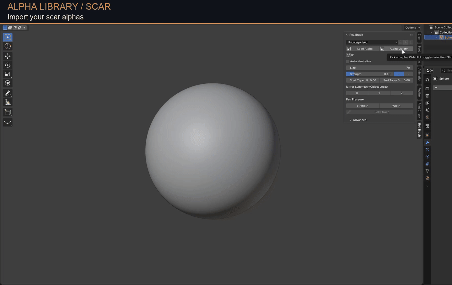 Import grayscale alphas and create categories in the Roll Brush library