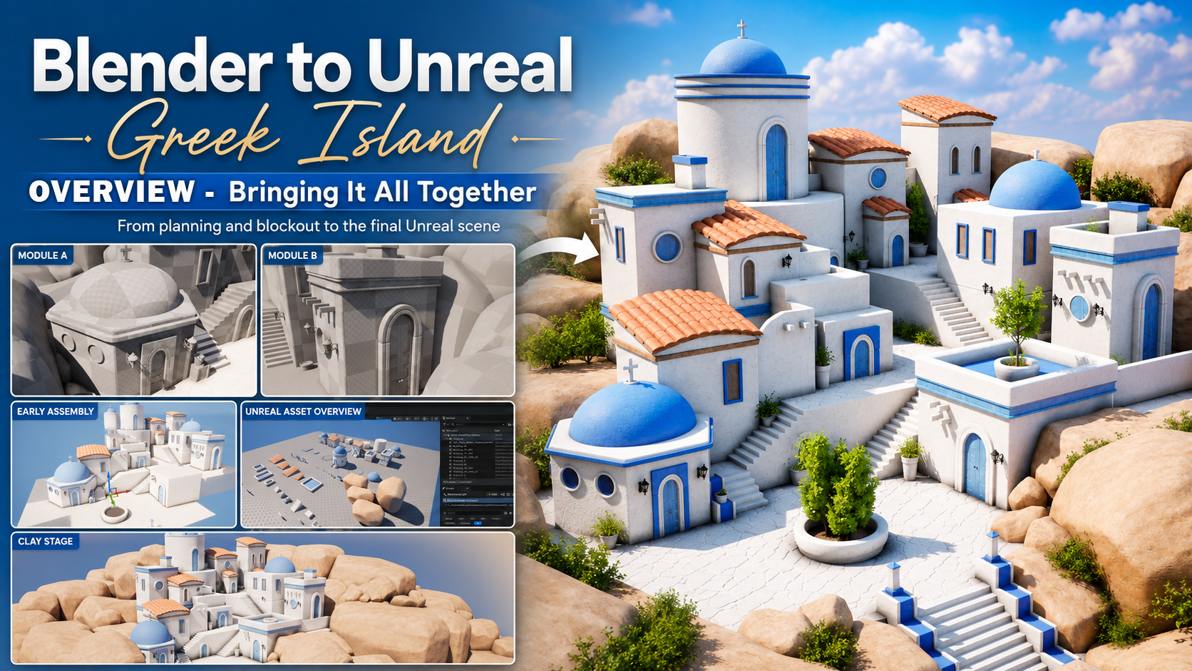 Stylized Greek island village environment overview created in Blender and Unreal Engine 5 by 3D Tudor