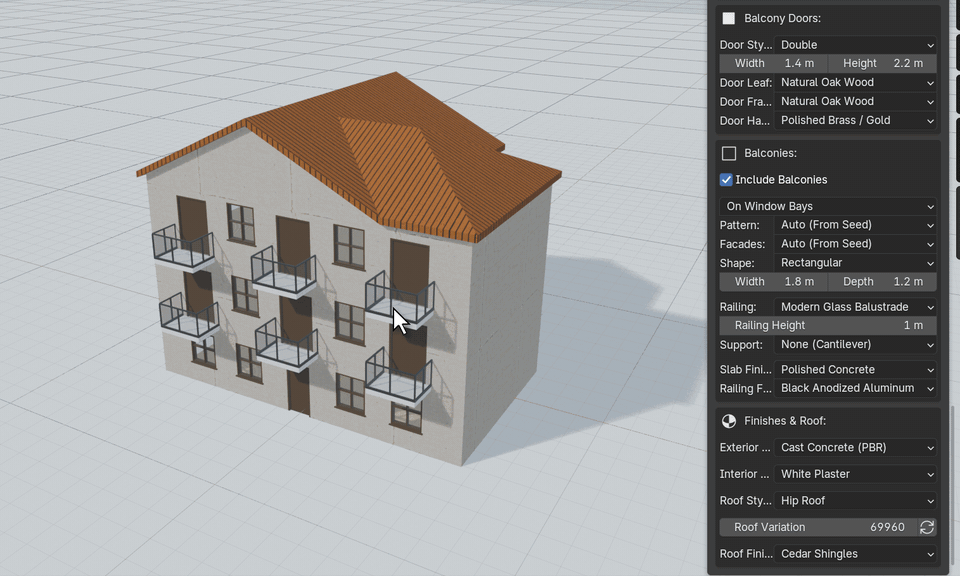 ArchBuilder swapping wall and roof materials on a building