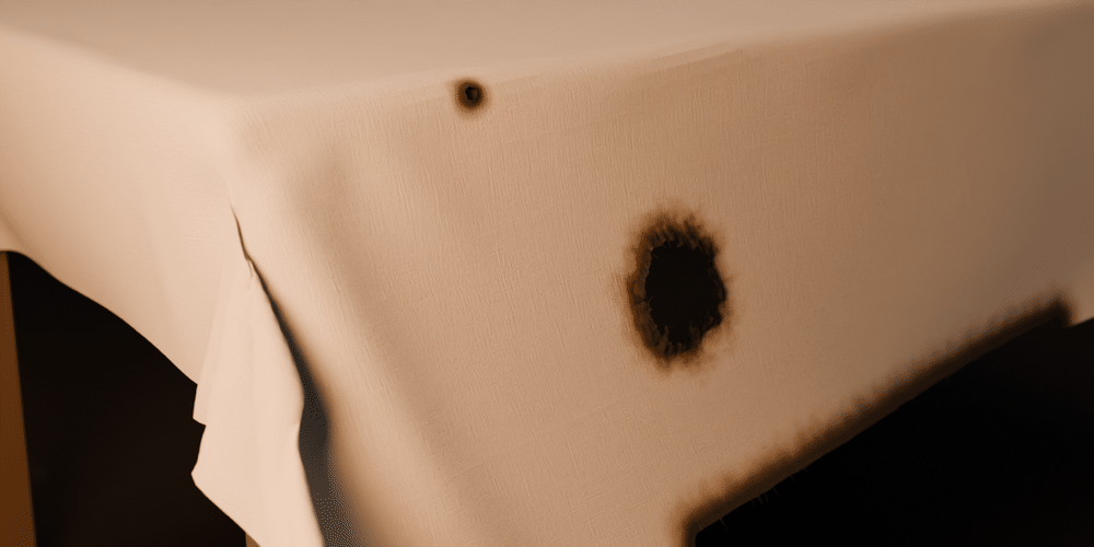 A linen tablecloth: a burnt edge creeps along the hem while a burnt hole and a cigarette burn spread