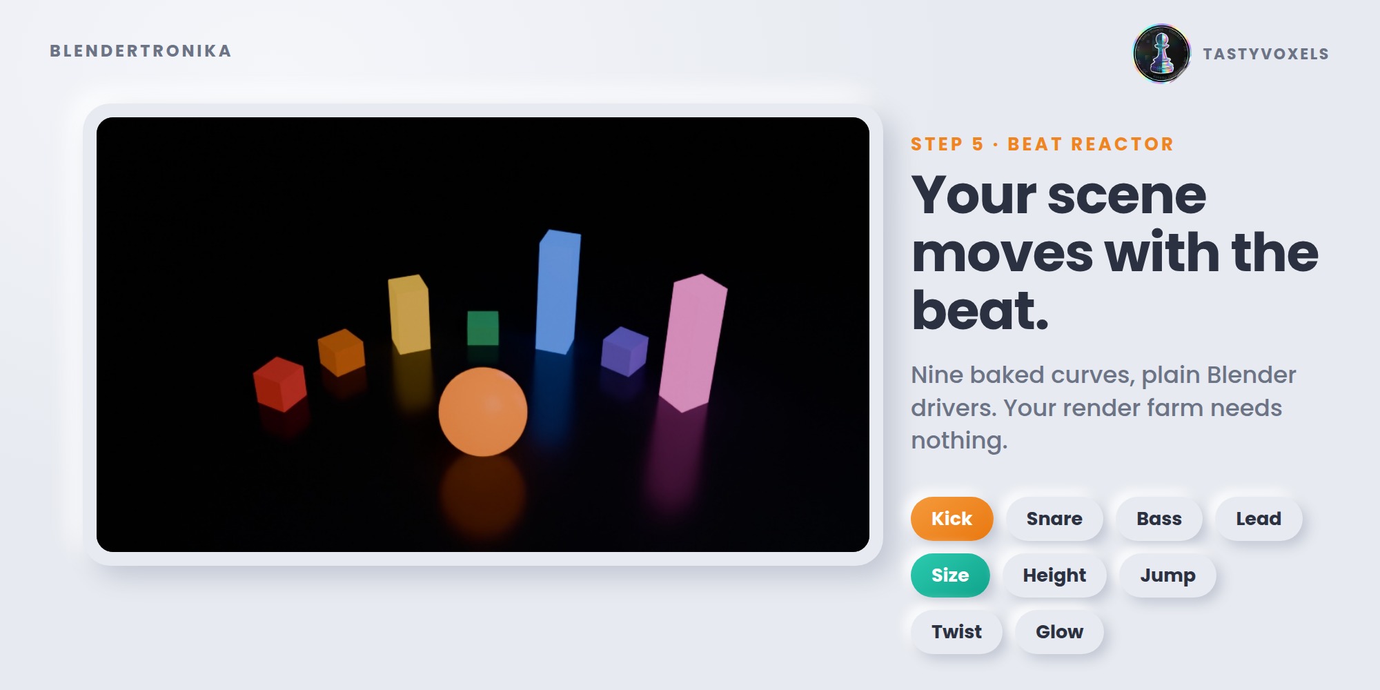 Blendertronika: objects moving with the kick on a lit stage
