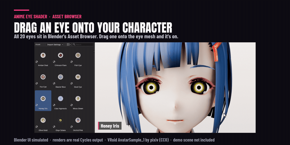 Dragging eye shaders from Blender's Asset Browser onto an anime character's eyes