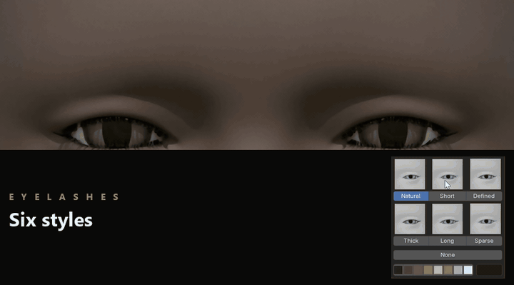 Easy Characters: eyelash styles, eyebrow styles, eyebrow colour and the eyebrow sliders