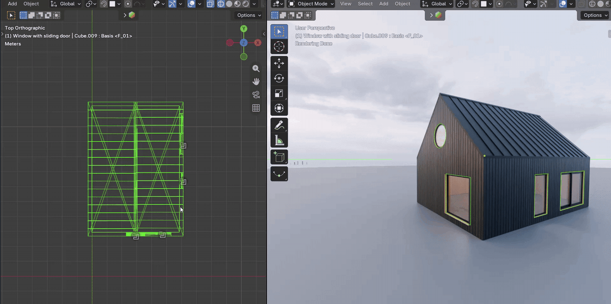 In Edit Mode a wall of the massing is moved and the cladding, roof, lining and windows follow