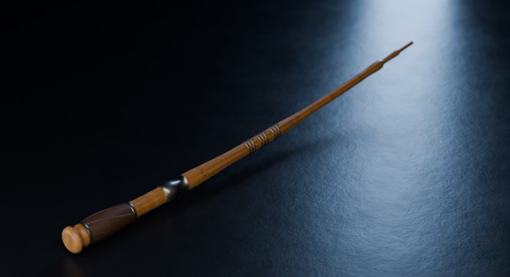 Erudite: Acacia, ribbed grip, filigree cage, runes. A wand from Wand Pro Generator