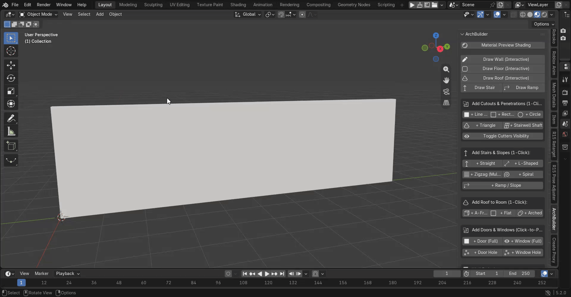 ArchBuilder slot, rectangle, circle and triangle cutters placed along a wall