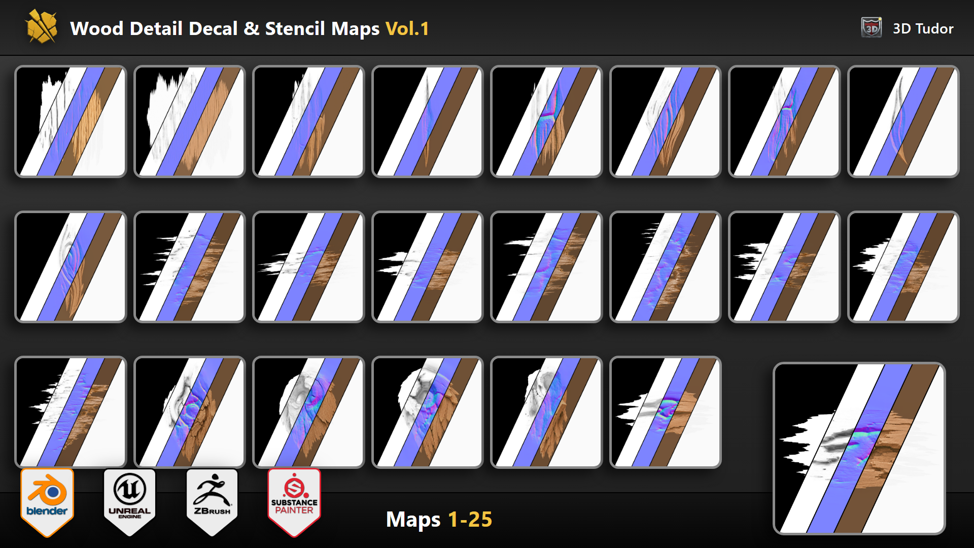 Wood detail decal and stencil map preview for PBR texture workflows