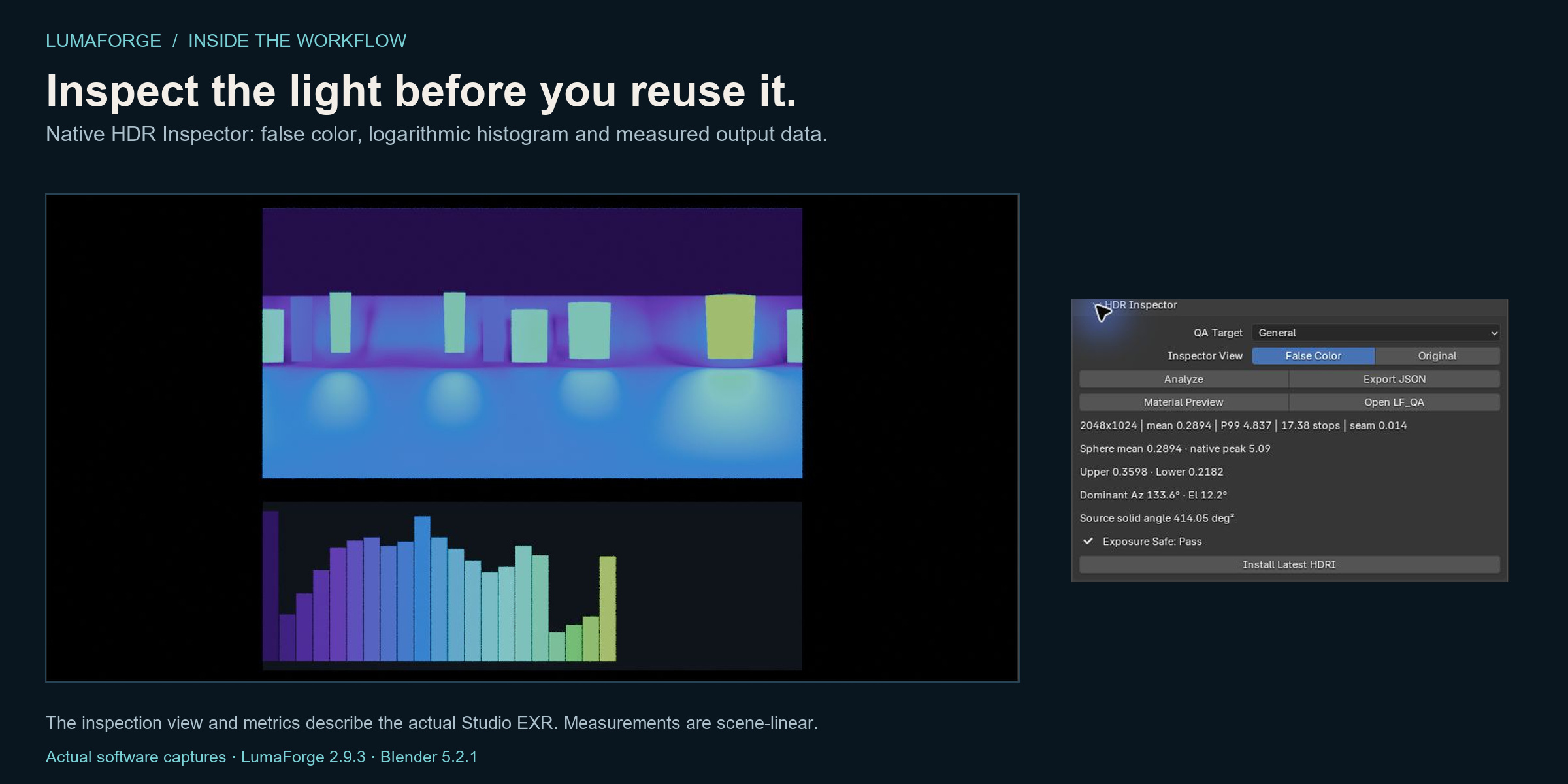 Actual LumaForge HDR Inspector interface and Studio EXR inspection scene