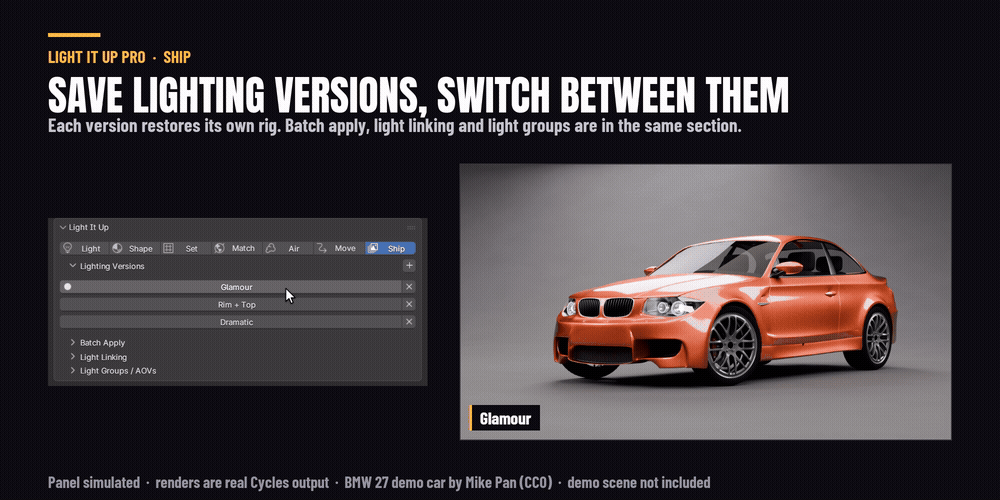 Switching between saved lighting versions in the panel
