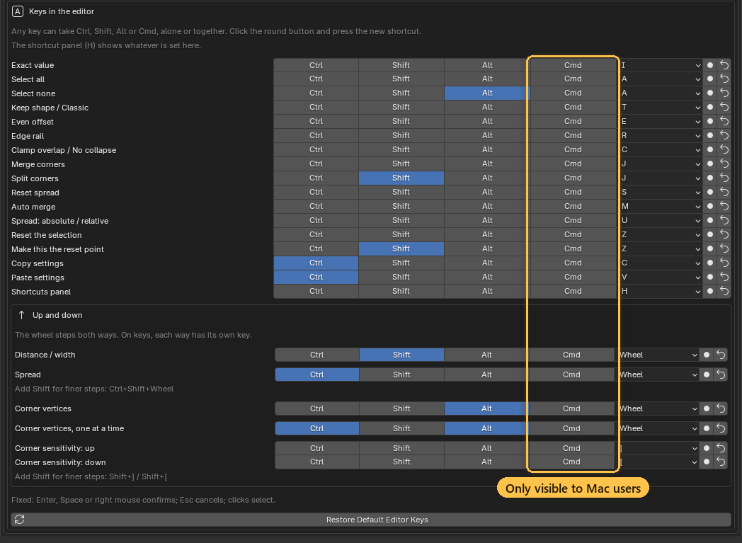 The shortcut preferences; the Cmd column only appears on a Mac