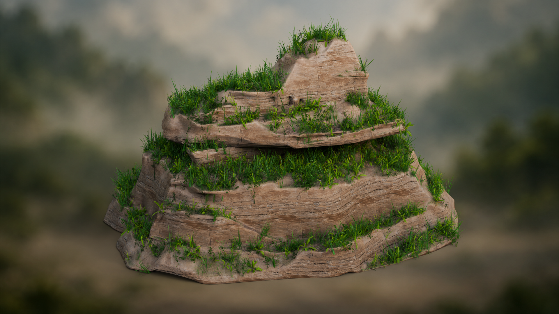 Grass-covered terraces on a procedural stylized cliff in Blender