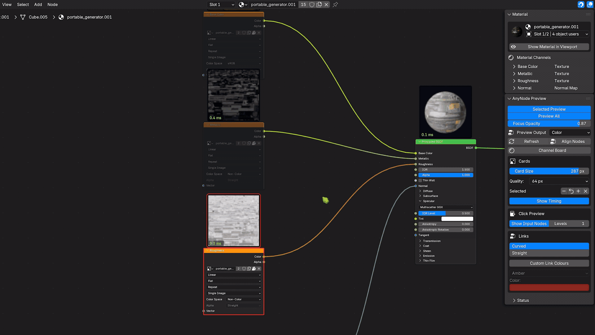 AnyNode Preview showing cached node preview cards across a Blender shader node tree