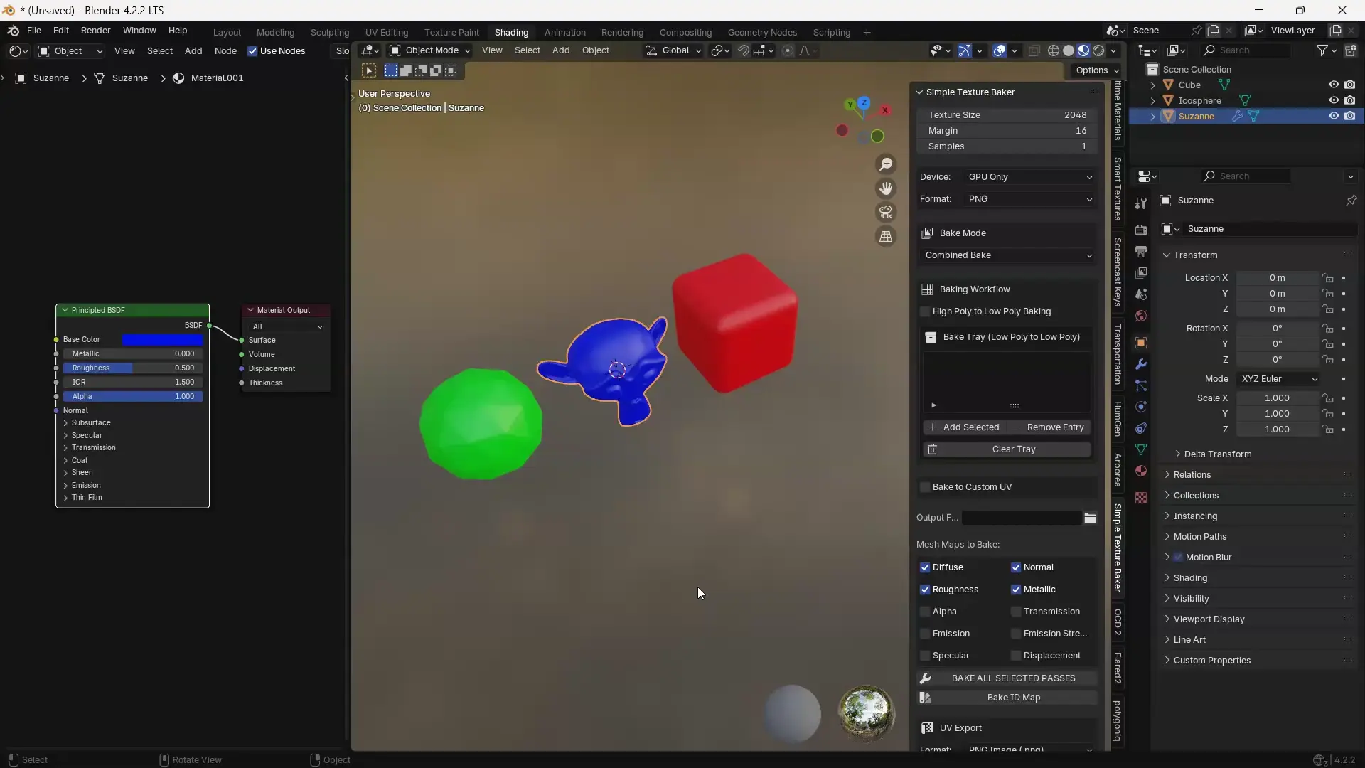 Baking several objects with different materials into one shared texture set