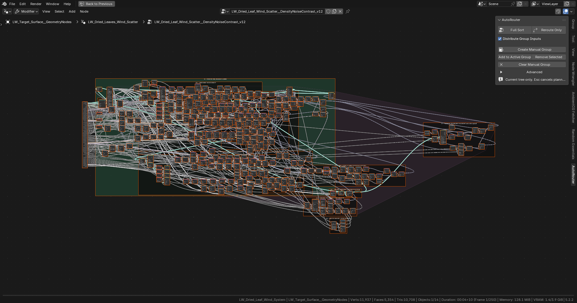 The original tangled 432-node leaf and wind Geometry Nodes system before Auto Router, with its existing frames.